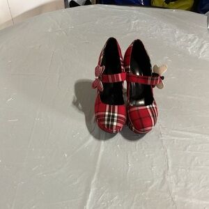 Red Plaid  Heels with Flower Strap Accent 999